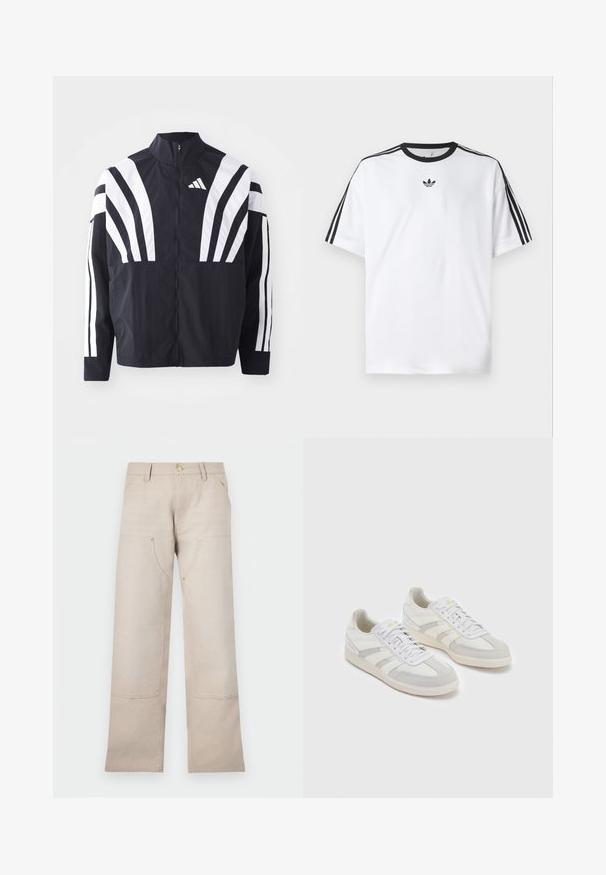 Melna jakas ar augstu apkakli, pilnu rāvējslēdzēju un drosmīgām baltām diagonālām svītrām uz piedurknēm. Izgatavota no viegla auduma ar gludu tekstūru.; Baltā T-krekla izgatavots no kokvilnas, ar melnu apaļu kakla izgriezumu un trim melnām svītrām uz katra pleca. Mazs melns logo uz krūtīm.; Svītrainie kokvilnas bikses ar taisnu kāju dizainu, ar divām priekšējām kabatām un diviem ar rāvējslēdzēju akcentiem. Izcelti zelta toņa aksesuāri.; Baltās kedas ar gaiši pelēkiem zamša akcentiem un svītrām, ar strukturētu auduma augšdaļu, plakaniem šņorēšanas auklām un gumijas zoli.