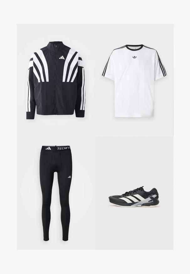 Fekete dzseki magas gallérral, teljes cipzárral és merész, fehér, átlós csíkokkal az ujjakon. Könnyű anyagból készült, sima tapintással.; Fehér pamut póló, fekete kerek nyakkal, mindkét vállán három fekete csíkkal. Kis fekete logó a mellkason.; Fekete sporttights, testhezálló kialakítással, sima, rugalmas anyagból készült. „TECHFIT” felirattal és fehér logóval ellátott derékpánt.; Fekete sportcipő fehér csíkokkal, hálós felsőrész, kerek orr és párnázott talp. Texturált sarokkal és biztonságos fűzőrendszerrel rendelkezik.
