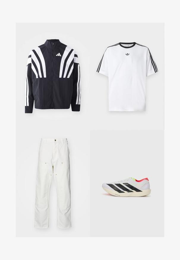 Mustrün mustaga, kõrge krae, täispikk tõmblukk ja julged valged diagonaalsed triibud varrukatel. Valmistatud kergest kangast, millel on sile tekstuur.; Valge puuvillane T-särk, millel on must ümmargune kaelus ja kolm musta triipu igal õlal. Rinnal väike must logo.; Valged puuvillased cargo püksid, millel on mugav lõige. Omadusteks on esikotid, kuldse riistvara aktsendid ja tugevdatud põlveosad.; Valge jooksuking mustade triipudega, ere roheline aksessuaar ja punane konts. Omab kerget disaini ja tekstureeritud talla, mis tagab haarde.