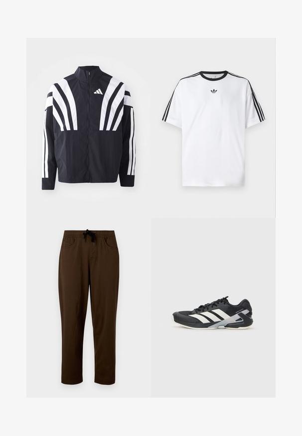 Schwarze Jacke mit hohem Kragen, durchgehendem Reißverschluss und kräftigen weißen diagonalen Streifen an den Ärmeln. Aus leichtem Stoff mit glatter Textur gefertigt.; Weißes T-Shirt aus Baumwolle mit einem schwarzen, runden Halsausschnitt und drei schwarzen Streifen auf jeder Schulter. Kleines schwarzes Logo auf der Brust.; Braune Baumwollhose mit Kordelzugbund, zwei Seitentaschen und lässiger Passform. Glatte Textur und gerade Beinschnitt.; Schwarzer Sportschuh mit weißen Streifen, Obermaterial aus Mesh, runde Zehenform und gepolstertem Sohlenteil. Verfügt über eine strukturierte Ferse und ein sicheres Schnürsystem.