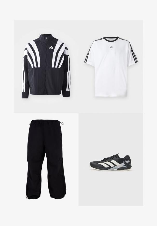 Melna jakas ar augstu apkakli, pilnu rāvējslēdzēju un drosmīgām baltām diagonālām svītrām uz piedurknēm. Izgatavota no viegla auduma ar gludu tekstūru.; Baltā T-krekla izgatavots no kokvilnas, ar melnu apaļu kakla izgriezumu un trim melnām svītrām uz katra pleca. Mazs melns logo uz krūtīm.; Melnas, brīvi pieguļošas kravas bikses ar elastīgu josta un regulējamu auklu. Iespējas ar rāvējslēdzēja kabatām un potīšu piedurknēm.; Melnas sporta kurpes ar baltām svītrām, acs augšdaļa, noapaļots pirksts un mīksts zole. Iespējams ar teksturētu papēdi un drošu šņoru sistēmu.