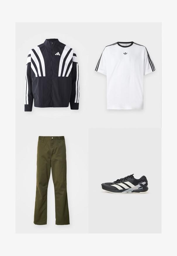 Črna jakna z visokim ovratnikom, popolnim zadrgo in boldnimi belimi diagonalnimi črtami na rokavih. Narejena iz lahkega materiala z gladko teksturo.; Bela majica iz bombaža z črnimi okroglimi izrezi in tremi črnimi črtami na vsakem ramu. Majhen črn logotip na prsih.; Oliveno zeleni bombažni hlače s ravnim krojem. Imajo sprednje zapiranje na gumb in klasičen pet žepni izgled.; Črne atletske čevlje z belimi črtami, mrežastim zgornjim delom, zaobljenim nosom in blaženim podplatom. Imajo teksturiran petni del in varen sistem vezalk.