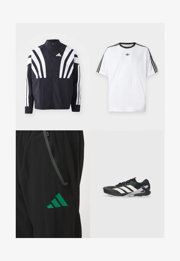 Melna jakas ar augstu apkakli, pilnu rāvējslēdzēju un drosmīgām baltām diagonālām svītrām uz piedurknēm. Izgatavota no viegla auduma ar gludu tekstūru.; Baltā T-krekla izgatavots no kokvilnas, ar melnu apaļu kakla izgriezumu un trim melnām svītrām uz katra pleca. Mazs melns logo uz krūtīm.; Melnas sporta bikses, izgatavotas no gludas auduma, ar zaļu Adidas logo un kabatu ar rāvējslēdzēju, apmalēta ar kontrastējošu apdari.; Melnas sporta kurpes ar baltām svītrām, acs augšdaļa, noapaļots pirksts un mīksts zole. Iespējams ar teksturētu papēdi un drošu šņoru sistēmu.
