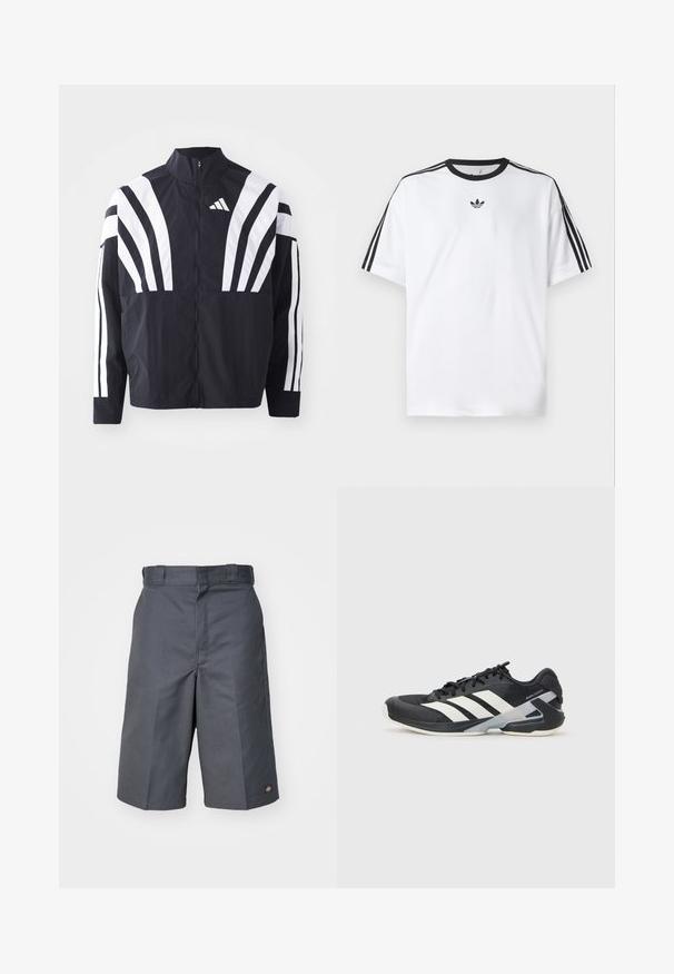 Mustat takki, jossa on korkea kaulus, täysivetoketju ja erittäin näkyvät valkoiset vinoraidat hihoissa. Valmistettu keveästä kankaasta, jolla on sileä rakenne.; Valkoinen t-paita, joka on valmistettu puuvillasta, mustalla pyöreällä kaula-aukolla ja kolmella mustalla raidalla jokaisella olkapäällä. Pieni musta logo rinnassa.; Housut harmaasta kestävästä kankaasta, suoran leikkauksen omaavat, kahdella sivutaskulla ja pieni logo takataskussa.; Mustat urheilukengät valkoisilla raidoilla, verkkomateriaalia ylhäällä, pyöristetty kärki ja pehmustettu pohja. Varustettu teksturoidulla kantapäällä ja turvallisella nauhoitusjärjestelmällä.