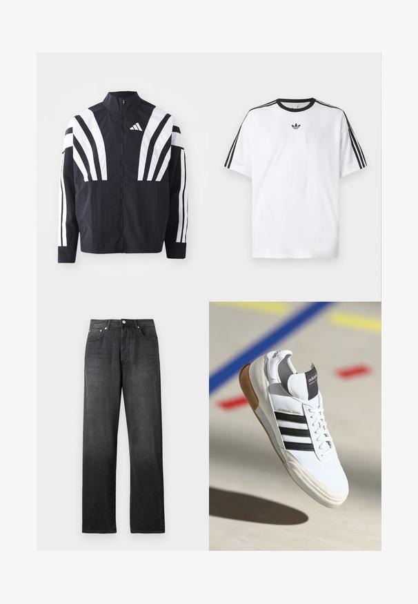 Črna jakna z visokim ovratnikom, popolnim zadrgo in boldnimi belimi diagonalnimi črtami na rokavih. Narejena iz lahkega materiala z gladko teksturo.; Bela majica iz bombaža z črnimi okroglimi izrezi in tremi črnimi črtami na vsakem ramu. Majhen črn logotip na prsih.; Črne skinny hlače z visokim pasom, ravnimi nogavicami, sprednjim gumbom in zadrgo, dvema sprednjima žepoma ter subtilnimi podrobnostmi bledenja.; Beli Adidas Mundial Goal športni copat z črnimi črtami in gumijastim podplatom, prikazan v zraku nad športnim igriščem z barvnimi črtami.
