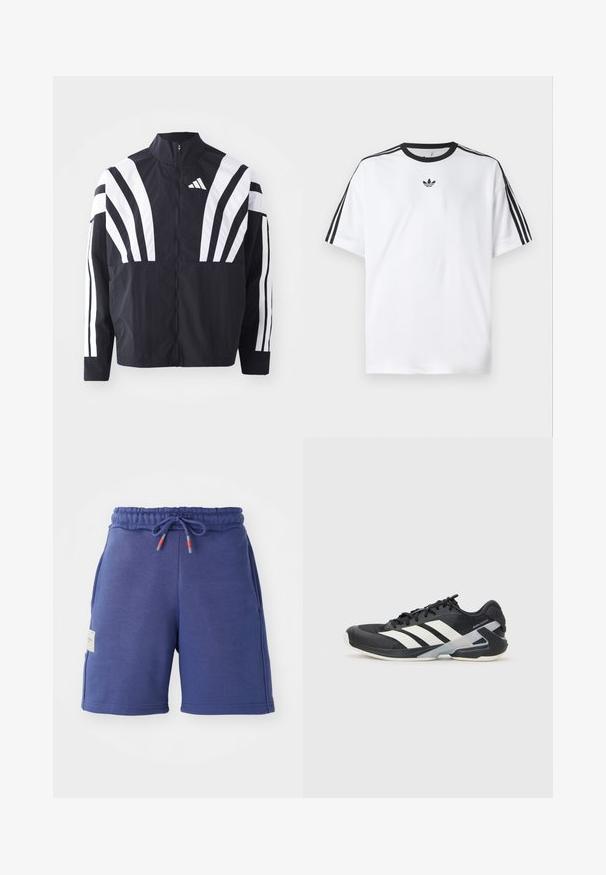 Zwarte jasje met een hoge kraag, volledige rits en gedurfde witte diagonale strepen op de mouwen. Gemaakt van lichtgewicht stof met een gladde textuur.; Witte T-shirt van katoen, met een zwarte ronde halslijn en drie zwarte strepen op elke schouder. Klein zwart logo op de borst.; Navyblauwe sweatshorts met een elastische tailleband, accenten van een trekkoord en zijzakken. Gemaakt van een zachte stof met een gladde textuur.; Zwarte sportschoen met witte strepen, bovenwerk van mesh, ronde neus en geveerde zool. Heeft een getextureerde hak en een veilig vetersysteem.