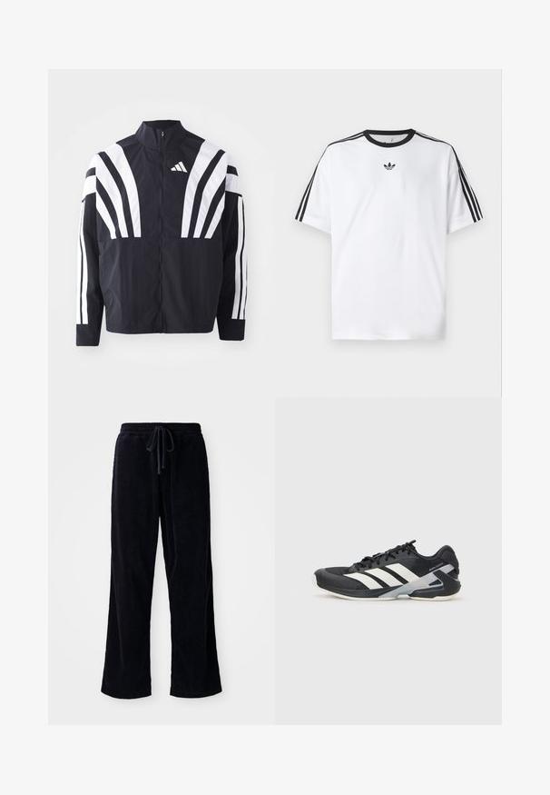 Veste noire avec un col montant, fermeture éclair sur toute la longueur et de larges rayures blanches diagonales sur les manches. Fabriquée en tissu léger avec une texture lisse.; T-shirt blanc en coton, doté d'un col rond noir et de trois rayures noires sur chaque épaule. Petit logo noir sur la poitrine.; Pantalon en velours côtelé noir avec une coupe ample, dotés d'une taille élastique et d'un cordon de serrage. La texture est côtelée et le tissu semble doux.; Chaussure de sport noire avec des rayures blanches, tige en mesh, bout arrondi et semelle rembourrée. Comprend un talon texturé et un système de laçage sécurisé.