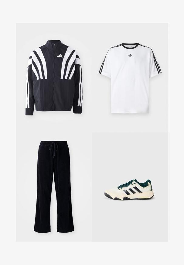 Svart jakke med høy krage, hel glidelås og markante hvite skråstriper på ermene. Laget av lett stoff med en glatt tekstur.; Hvit T-skjorte laget av bomull, med svart rund hals og tre svarte striper på hver skulder. Liten svart logo på brystet.; Svarte kordfløyelsbukser med løs passform, med elastisk midje og snor. Teksturen er ribbet, og stoffet ser mykt ut.; Hvit og mørkegrønn atletisk joggesko med svarte striper, teksturert såle og snøring foran på en enkel lys grå bakgrunn.