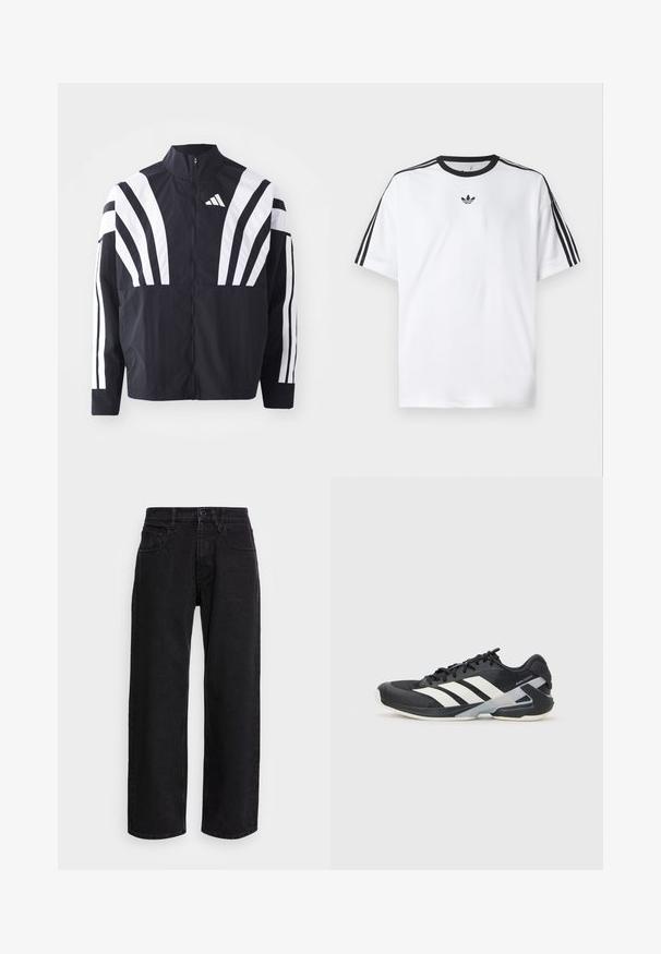 Čierna bunda s vysokým golierom, plným zipsom a výraznými bielymi diagonálnymi pruhmi na rukávoch. Vyrobená z ľahkého materiálu s hladkou textúrou.; Biela tričko vyrobené z bavlny, so čiernym okrúhlym výstrihom a tromi čiernymi pruhmi na každom pleci. Malé čierne logo na hrudi.; Čierne džínsové nohavice s širokými nohavicami a vysokým pásom, obsahujúce päť vreciek a zapínanie na gombík. Tkanina má hladkú textúru a jemný elastický úsek.; Čierna športová obuv s bielymi pruhmi, sieťovinový zvršok, zaoblená špička a polstrovaná podrážka. Obsahuje štruktúrovaný opätok a bezpečný systém šnurovania.