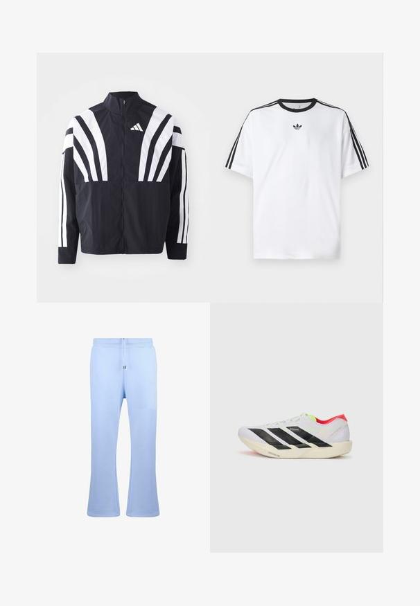 Črna jakna z visokim ovratnikom, popolnim zadrgo in boldnimi belimi diagonalnimi črtami na rokavih. Narejena iz lahkega materiala z gladko teksturo.; Bela majica iz bombaža z črnimi okroglimi izrezi in tremi črnimi črtami na vsakem ramu. Majhen črn logotip na prsih.; Dropsize OPEN LEG - Spodnji deli trenirk - babyblue; Bela športna obutev z črnimi črtami, neonsko zelenimi poudarki in rdečo peto. Ima lahko zasnovo in teksturiran podplat za dober oprijem.