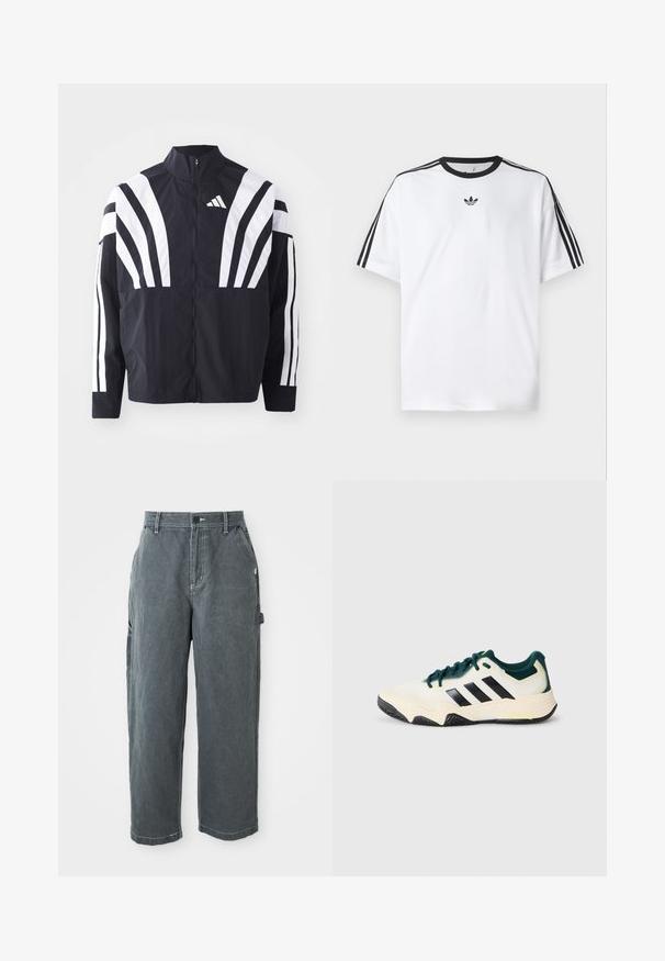 Svart jakke med høy krage, hel glidelås og markante hvite skråstriper på ermene. Laget av lett stoff med en glatt tekstur.; Hvit T-skjorte laget av bomull, med svart rund hals og tre svarte striper på hver skulder. Liten svart logo på brystet.; Mørkegrå arbeidssbukser med rette ben, beltehemper, knapp og glidelås foran, sidelommer og en hammerløkke på høyre bein.; Hvit og mørkegrønn atletisk joggesko med svarte striper, teksturert såle og snøring foran på en enkel lys grå bakgrunn.