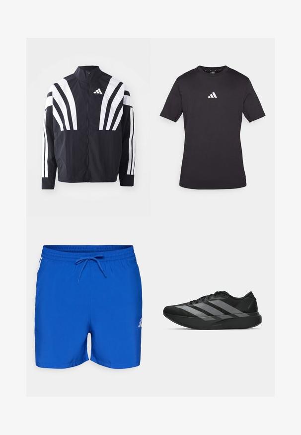 Juodas švarkas su aukštu kaklu, pilnu užtrauktuku ir ryškiomis baltomis įstrižomis juostelėmis ant rankovių. Pagamintas iš lengvos medžiagos su lygiu paviršiumi.; Juoda trumpa rankovė marškinėliai, pagaminti iš medvilnės, su baltu Adidas logotipu krūtinėje, apvaliu kaklu ir standartiniu pritaikymu.; Mėlynos maudymosi šortai su elastinga juosta ir raišteliu, su baltomis detalėmis šonuose ir logotipo elementu apatinėje dešinėje kojoje.; Juodos sportinės avalynės, lengvos konstrukcijos, su trimis aiškiomis pilkomis juostomis, lygiu paviršiumi ir kontūrine padu.