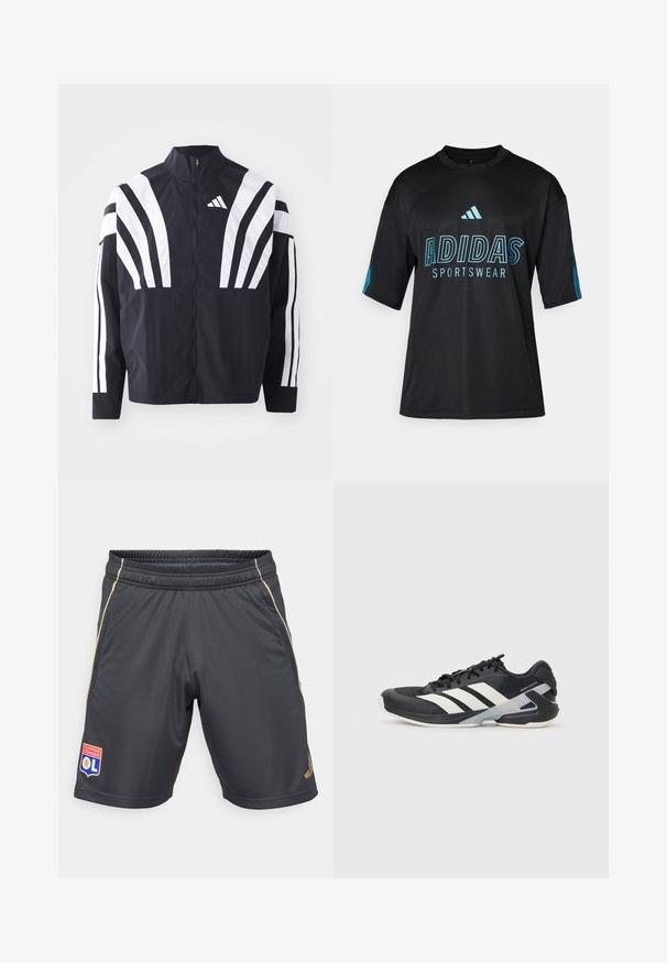 Črna jakna z visokim ovratnikom, popolnim zadrgo in boldnimi belimi diagonalnimi črtami na rokavih. Narejena iz lahkega materiala z gladko teksturo.; Črna Adidas športna majica z mrežasto teksturo, kratkimi rokavi, okroglim ovratnikom ter modrim logotipom in besedilnimi podrobnostmi spredaj in na rokavih.; Sive športne hlače z elastiko v pasu, z zlatimi stranskimi poudarki in logotipom z levom ter besedilom na levi nogi.; Črne atletske čevlje z belimi črtami, mrežastim zgornjim delom, zaobljenim nosom in blaženim podplatom. Imajo teksturiran petni del in varen sistem vezalk.