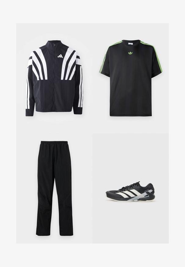 Juodas švarkas su aukštu kaklu, pilnu užtrauktuku ir ryškiomis baltomis įstrižomis juostelėmis ant rankovių. Pagamintas iš lengvos medžiagos su lygiu paviršiumi.; Juodas marškinėliai, pagaminti iš lygios medžiagos, su apykakle, turinčia tris žalias juosteles ant pečių ir mažą žalią logotipą ant krūtinės.; Juodos nailono kelnes su elastinga juosta, turinčios lengvą, tekstūruotą apdailą ir siūlių akcentus moderniam dizainui.; Juoda sportinė avalynė su baltais dryžiais, tinklinis viršus, apvalus pirštas ir paminkštinta padais. Yra tekstūruota kulno dalis ir saugi raištelių sistema.