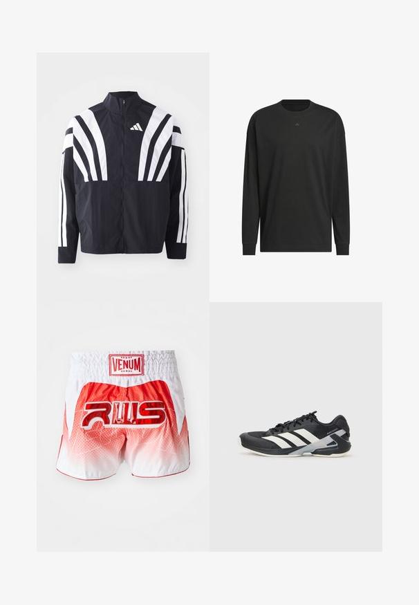 Fekete dzseki magas gallérral, teljes cipzárral és merész, fehér, átlós csíkokkal az ujjakon. Könnyű anyagból készült, sima tapintással.; Fekete hosszú ujjú póló puha pamutból, kerek nyakkal, laza szabással és kis logóval a mellkason.; Piros és fehér átmenetes Muay Thai short, piros "VENUM" felirattal a derékon és nagy, fényes piros "RWS" logóval a hát közepén.; Fekete sportcipő fehér csíkokkal, hálós felsőrész, kerek orr és párnázott talp. Texturált sarokkal és biztonságos fűzőrendszerrel rendelkezik.