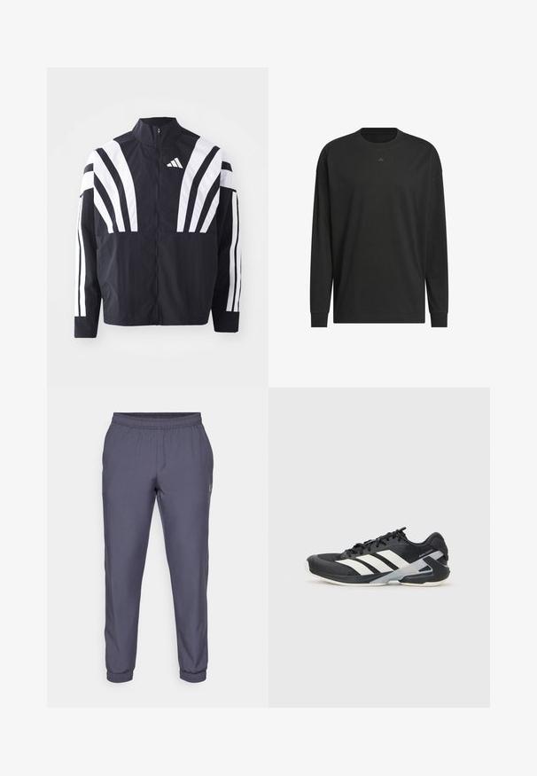 Čierna bunda s vysokým golierom, plným zipsom a výraznými bielymi diagonálnymi pruhmi na rukávoch. Vyrobená z ľahkého materiálu s hladkou textúrou.; Čierne tričko s dlhým rukávom vyrobené z jemnej bavlny, s okrúhlym výstrihom, vo voľnom strihu a s malým logom na hrudi.; Šedé športové nohavice s elastickým pásom, zúženými nohavicami a manžetami na koncoch. Hladká textúra a minimálne značkovanie na boku.; Čierna športová obuv s bielymi pruhmi, sieťovinový zvršok, zaoblená špička a polstrovaná podrážka. Obsahuje štruktúrovaný opätok a bezpečný systém šnurovania.