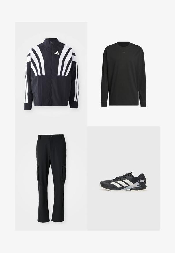 Črna jakna z visokim ovratnikom, popolnim zadrgo in boldnimi belimi diagonalnimi črtami na rokavih. Narejena iz lahkega materiala z gladko teksturo.; Črna majica z dolgimi rokavi iz mehkega bombaža, z okroglim izrezom, sproščenim krojem in majhnim logotipom na prsih.; Črne cargo hlače iz lahkega materiala, z dvema stranskima žepoma, zapiranjem na gumb in naravnim krojem.; Črne atletske čevlje z belimi črtami, mrežastim zgornjim delom, zaobljenim nosom in blaženim podplatom. Imajo teksturiran petni del in varen sistem vezalk.