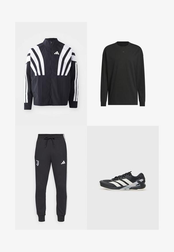 Černá bunda s vysokým límcem, plným zipem a výraznými bílými šikmými pruhy na rukávech. Vyrobena z lehké látky s hladkou texturou.; Černé tričko s dlouhým rukávem vyrobené z měkké bavlny, s kulatým výstřihem, volným střihem a malým logem na hrudi.; Černé tepláky se šněrováním v pase, s bílými bočními pruhy a logy na levé noze a horní pravé noze. Měkká textilie.; Černá sportovní obuv s bílými pruhy, síťovaným svrškem, zaoblenou špičkou a polstrovanou podrážkou. Obsahuje texturovanou patu a bezpečný systém šněrování.