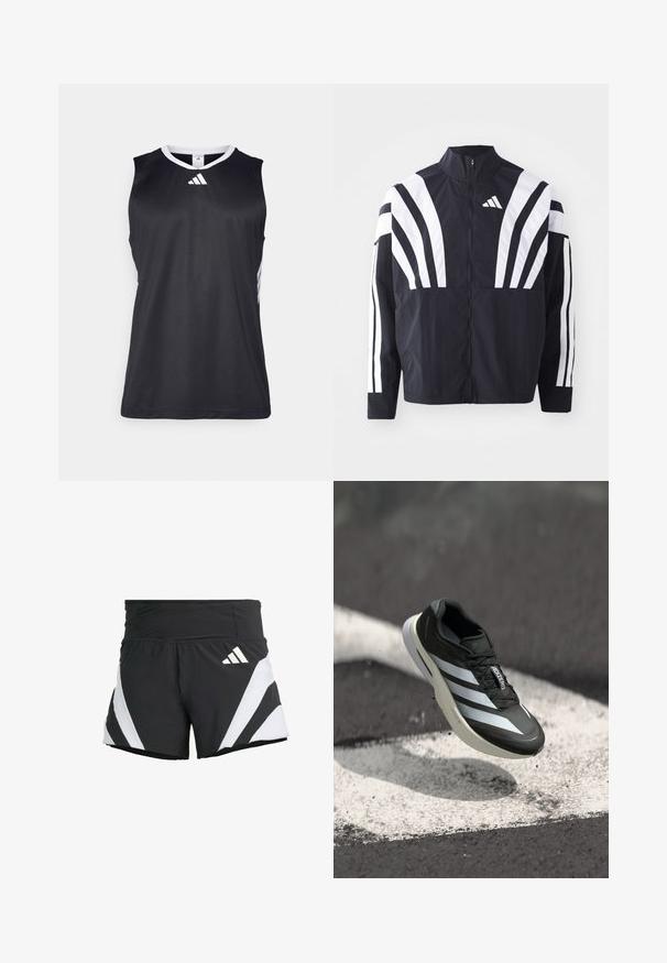 Svart jacka med hög krage, full dragkedja och djärva vita diagonala ränder på ärmarna. Tillverkad av lätt tyg med en slät struktur.; Svart ärmlös atletisk linne med V-hals, vita detaljer på sidorna och en vit Adidas-logotyp på bröstet. Slät, fukttransporterande tyg.; adidas Performance ADIZERO A M - Träningsshorts - black; Svart atletisk sko med tre vita ränder, texturerad ovandel, stilren design och en rundad sula, placerad ovanför en vit linje på asfalt.