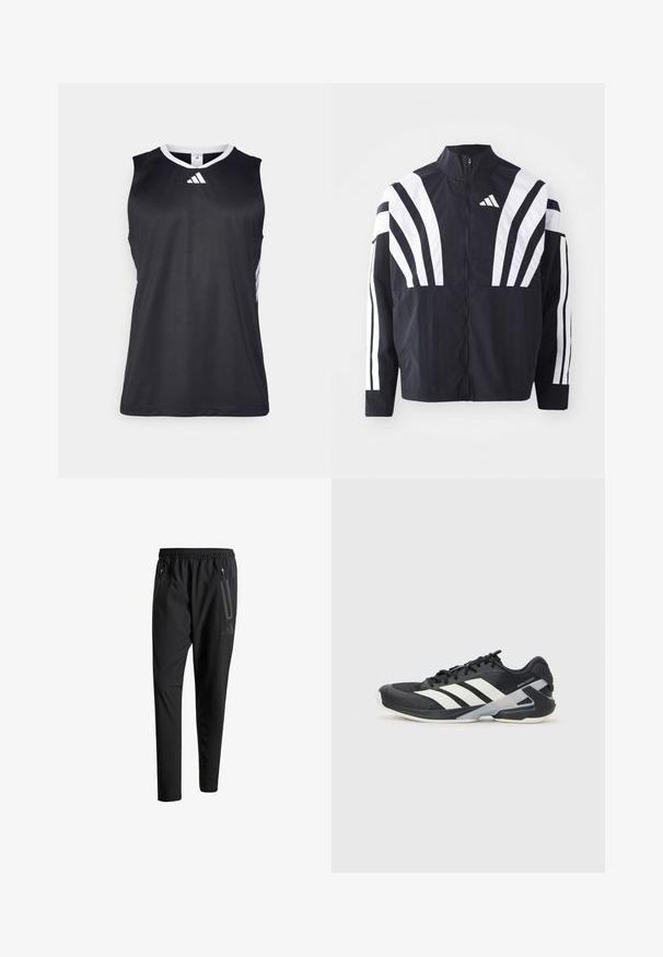 Czarna kurtka z wysokim kołnierzem, pełnym zamkiem błyskawicznym oraz wyrazistymi białymi ukośnymi paskami na rękawach. Wykonana z lekkiej tkaniny o gładkiej fakturze.; Czarny bezrękawnik sportowy z dekoltem w kształcie V, białymi akcentami po bokach oraz białym logo Adidas na klatce piersiowej. Gładki, odprowadzający wilgoć materiał.; Czarne spodnie sportowe z elastycznym paskiem w talii, dwiema zasuwanymi kieszeniami bocznymi, zwężanymi nogawkami i subtelnym logo na biodrze.; Czarne buty sportowe z białymi paskami, siateczkowa cholewka, zaokrąglony czubek i amortyzowana podeszwa. Posiadają teksturowany obcas i pewny system sznurowania.