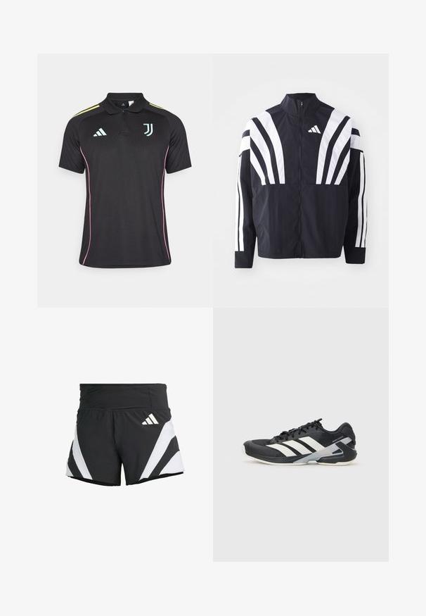 Svart jakke med høy krage, hel glidelås og markante hvite skråstriper på ermene. Laget av lett stoff med en glatt tekstur.; Svart polo-skjorte med krage, rosa sidepiping og lys blå logoer. Har tre gule striper på skuldrene.; adidas Performance ADIZERO A M - Sports shorts - black; Svart treningssko med hvite striper, mesh-overdel, avrundet tå og polstret såle. Har en teksturert hæl og et sikkert snøresystem.