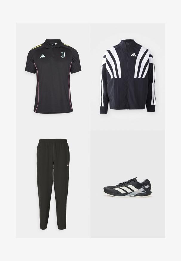 Svart jacka med hög krage, full dragkedja och djärva vita diagonala ränder på ärmarna. Tillverkad av lätt tyg med en slät struktur.; Svart polo-shirts med krage, rosa sidopipings och ljusblå logotyper. Har tre gula ränder på axlarna.; Svarta träningsbyxor med elastisk midja, slim fit och vitt logotyp på vänster ben. Slät, lättviktsmaterial.; Svart atletisk sko med vita ränder, mesh-övre, rund tå och dämpad sula. Har en strukturerad häl och ett säkert snörningssystem.
