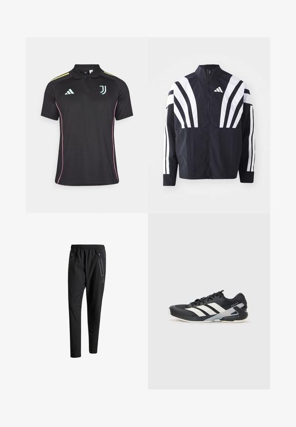 Zwarte jasje met een hoge kraag, volledige rits en gedurfde witte diagonale strepen op de mouwen. Gemaakt van lichtgewicht stof met een gladde textuur.; Zwarte polo met kraag, roze zijpiping en lichtblauwe logo's. Heeft drie gele strepen op de schouders.; Zwarte sportbroeken met een elastische tailleband, twee ritszakken aan de zijkant, taps toelopende pijpen en een subtiele logo-detail op de heup.; Zwarte sportschoen met witte strepen, bovenwerk van mesh, ronde neus en geveerde zool. Heeft een getextureerde hak en een veilig vetersysteem.