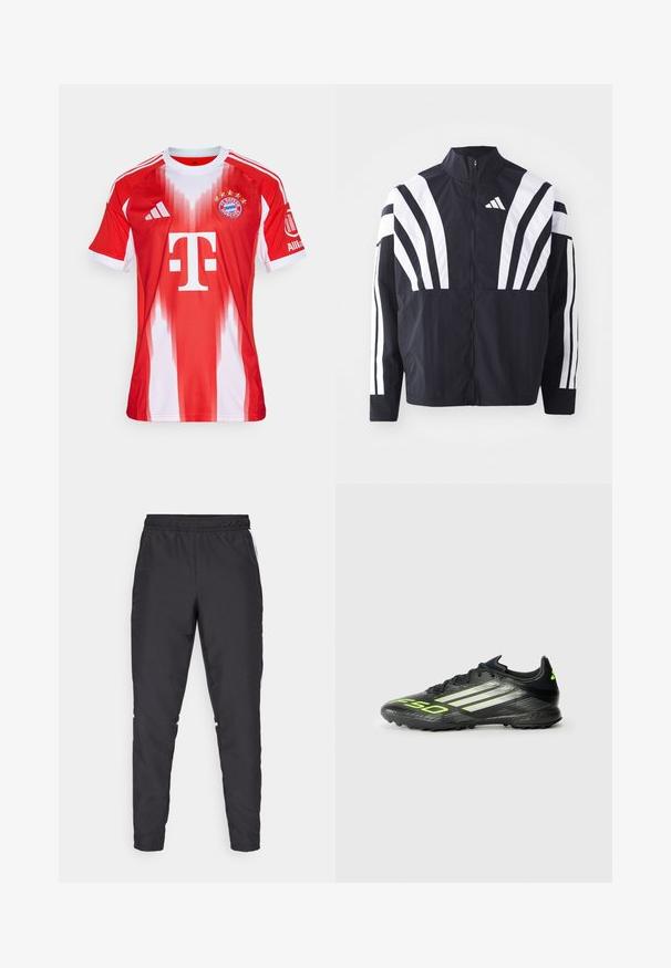 Zwarte jasje met een hoge kraag, volledige rits en gedurfde witte diagonale strepen op de mouwen. Gemaakt van lichtgewicht stof met een gladde textuur.; Rood-wit voetbalshirt met een gradient ontwerp, lichtgewicht stof, ronde hals, drie strepen op de schouders, logo's en vijf sterren.; Zwarte sportbroek met een elastische tailleband, taps toelopende benen en witte zijkanten. Gemaakt van synthetisch materiaal met een gladde textuur.; Zwarte voetbalschoen met een gestructureerd oppervlak, voorzien van felle groene accenten en drie witte strepen. Ontworpen voor kunstgras met een rubberen buitenzool.