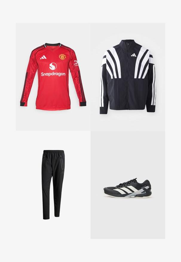 Veste noire avec un col montant, fermeture éclair sur toute la longueur et de larges rayures blanches diagonales sur les manches. Fabriquée en tissu léger avec une texture lisse.; Maillot de football rouge à manches longues avec des accents noirs, design en v, logo Adidas, blason de Manchester United et le texte "Snapdragon" sur le devant.; Pantalons de sport noirs avec une taille élastique, deux poches latérales zippées, des jambes fuselées et un détail de logo subtil sur la hanche.; Chaussure de sport noire avec des rayures blanches, tige en mesh, bout arrondi et semelle rembourrée. Comprend un talon texturé et un système de laçage sécurisé.
