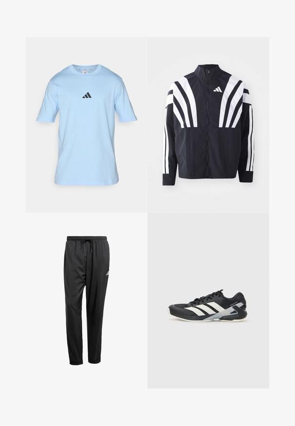 Jachetă neagră cu guler înalt, fermoar complet și dungi diagonale albe îndrăznețe pe mâneci. Fabricată dintr-un material ușor, cu o textură netedă.; Tricou din bumbac de culoare albastru deschis, cu mâneci scurte și guler rotund. Prezintă un mic logo negru Adidas pe piept. Textură moale.; Pantaloni de sport negri cu talie elastică, șnur ajustabil, manșete la glezne și un mic logo alb pe coapsa dreaptă.; Pantofii sport negri cu dungi albe, superior din plasă, vârf rotunjit și talpă îmbunătățită pentru amortizare. Au o călcătură texturată și un sistem de șireturi securizat.