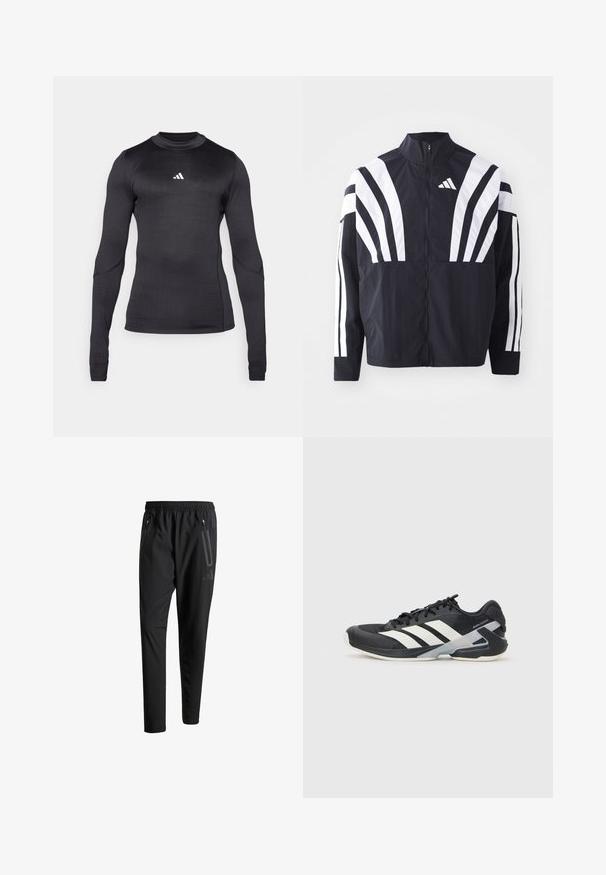 Sort jakke med højt krave, fuld lynlås og iøjnefaldende hvide diagonale striber på ærmerne. Lavet af letvægtsstof med en glat tekstur.; Langærmet træningsskjorte i sort med en slim fit, rund halsudskæring og et hvidt Adidas-logo på brystet. Glat, strækbart stof.; Sorte atletiske bukser med elastisk talje, to lynlåslommer på siden, tætsiddende ben og en diskret logo-detalje på hoften.; Sort sportsko med hvide striber, mesh-overdel, rund tå og dæmpet sål. Har en tekstureret hæl og et sikkert snøresystem.