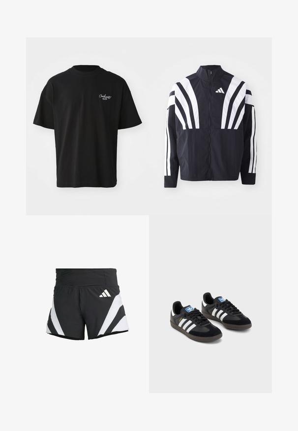 Czarna kurtka z wysokim kołnierzem, pełnym zamkiem błyskawicznym oraz wyrazistymi białymi ukośnymi paskami na rękawach. Wykonana z lekkiej tkaniny o gładkiej fakturze.; Czarny bawełniany t-shirt z krótkim rękawem, okrągłym dekoltem, z białym haftowanym logo po lewej stronie klatki piersiowej. Standardowy krój, gładka faktura.; adidas Performance - Krótkie spodenki sportowe; Czarne sneakersy z zamszową i syntetyczną cholewką, wyposażone w trzy białe paski, teksturowaną gumową podeszwę oraz niebieską metkę z logo na języku.