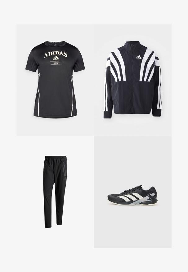 Casaco preto com colarinho alto, fecho completo e listras diagonais brancas em bold nas mangas. Feito de um tecido leve com uma textura suave.; Camisola de treino preta da Adidas com mangas curtas, apresentando texto de logotipo branco e acentos laterais. Textura suave e corte atlético.; Calças de treino pretas com uma cintura elástica, dois bolsos laterais com fecho, pernas ajustadas e um discreto detalhe de logotipo no quadril.; Sapata atlética preta com riscas brancas, parte superior em malha, biqueira arredondada e sola acolchoada. Apresenta um calcanhar texturizado e um sistema de atacadores seguro.