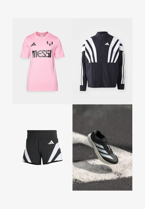 Mustrün mustaga, kõrge krae, täispikk tõmblukk ja julged valged diagonaalsed triibud varrukatel. Valmistatud kergest kangast, millel on sile tekstuur.; Roosa puuvillane T-särk, millel on must trükitud "MESSI" tekst, adidas logo ja iseloomulikud disainielemendid õlgadel. Lühikesed varrukad.; adidas Performance ADIZERO A M - Spordišortsid - black; Must mustad jalanijook, millel on kolm valget triipu, tekstuuriga ülemine osa, elegantne disain ja kumer tall, asetatud valgele joonele asfaltpinnal.