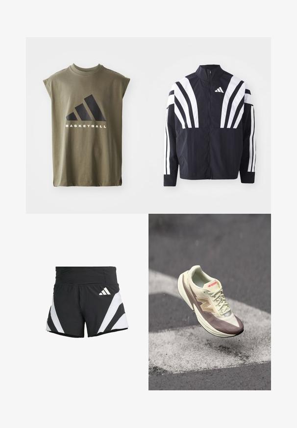 Čierna bunda s vysokým golierom, plným zipsom a výraznými bielymi diagonálnymi pruhmi na rukávoch. Vyrobená z ľahkého materiálu s hladkou textúrou.; adidas Performance TEE - Tričko s potlačou - olive strata; adidas Performance ADIZERO A M - Športové šortky - black; Ľahká atletická obuv s krémovým zvrškom a hnedými akcentmi, s textúrovaným povrchom, šnúrkami a výrazným logom na boku.