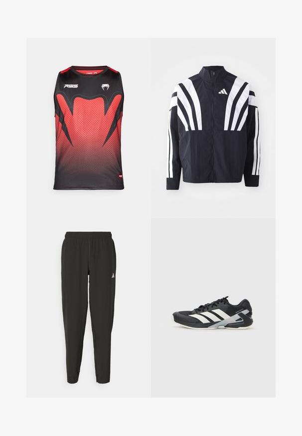 Sort jakke med højt krave, fuld lynlås og iøjnefaldende hvide diagonale striber på ærmerne. Lavet af letvægtsstof med en glat tekstur.; Sort og rød ærmeløs atletisk tanktop med et gradientmønster, hexagonal tekstur og dristige sorte detaljer med logoer.; Sorte træningsbukser med elastisk talje, slim fit og hvidt logo på venstre ben. Glat, letvægtigt stof.; Sort sportsko med hvide striber, mesh-overdel, rund tå og dæmpet sål. Har en tekstureret hæl og et sikkert snøresystem.