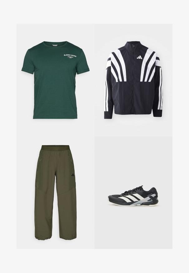 Mustrün mustaga, kõrge krae, täispikk tõmblukk ja julged valged diagonaalsed triibud varrukatel. Valmistatud kergest kangast, millel on sile tekstuur.; Tume roheline puuvillane T-särk, ümmarguse kaelusega, lühikeste varrukatega ja valge trükitud logoga "BJÖRN BORG STOCKHOLM 1986" vasakul ülal.; Olive roheline, kerge kaubandus, millel on elastne vöökoht, lukuga küljetaskud ja kitsenevad varrukad. Sile tekstuur ja sportlik disain.; Mustad sportlik jalanõud mustade värvidega, valgete triipudega, võrgusilma pealmine osa, ümar varvas ja pehme tallaga. Omab tekstureeritud kontsa ja kindlat paeltesüsteemi.