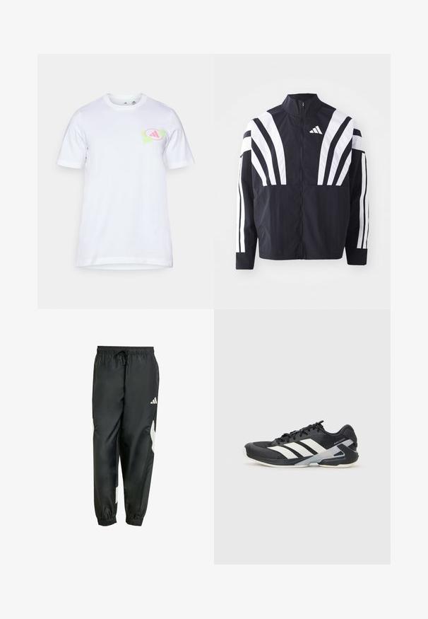 Černá bunda s vysokým límcem, plným zipem a výraznými bílými šikmými pruhy na rukávech. Vyrobena z lehké látky s hladkou texturou.; Bílá bavlněná tričko s krátkým rukávem. Na levé části hrudi se nachází grafický design v světle růžové a zelené barvě, který připomíná logo.; Černé sportovní kalhoty s elastickým pasem, nastavitelnou šn string a bílými bočními akcenty. Vyrobené z hladkého, lehkého materiálu.; Černá sportovní obuv s bílými pruhy, síťovaným svrškem, zaoblenou špičkou a polstrovanou podrážkou. Obsahuje texturovanou patu a bezpečný systém šněrování.