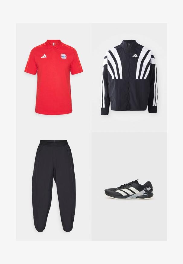 Svart jakke med høy krage, hel glidelås og markante hvite skråstriper på ermene. Laget av lett stoff med en glatt tekstur.; Rød bomullspolo med krage, korte ermer, tre hvite striper på skuldrene og Bayern München-logo på brystet.; Sorte treningsbukser med elastisk liv, glidelås-lommer på sidene, smale ben og diskret logo på høyre lår.; Svart treningssko med hvite striper, mesh-overdel, avrundet tå og polstret såle. Har en teksturert hæl og et sikkert snøresystem.