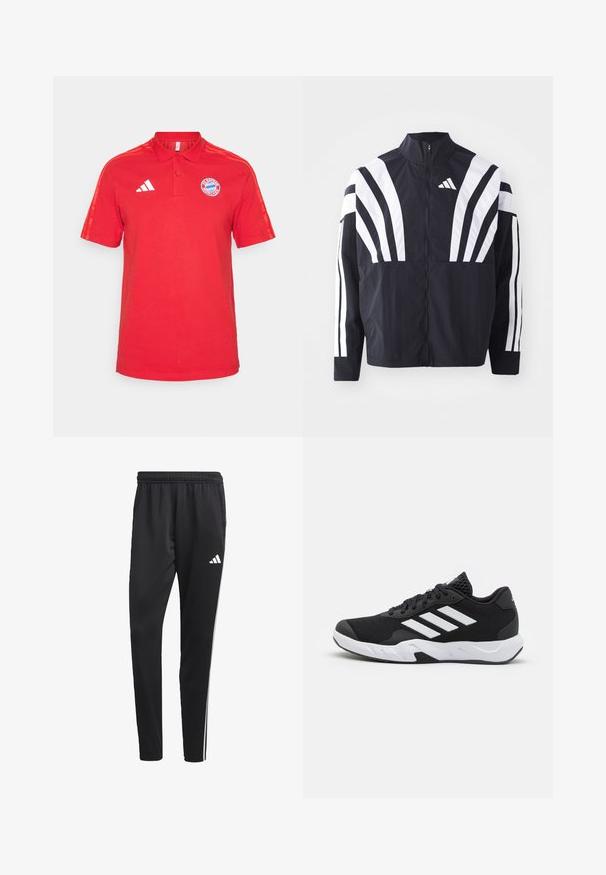 Chaqueta negra con cuello alto, cremallera completa y llamativas franjas diagonales blancas en las mangas. Fabricada en tejido ligero con una textura suave.; Camisa polo de algodón roja con collar, mangas cortas, tres rayas blancas en los hombros y el logo del Bayern de Múnich en el pecho.; Pantalones deportivos negros con una cinturilla elástica, rayas laterales blancas y un pequeño logo blanco en el muslo. Fabricados con un material suave y ligero.; Zapatillas deportivas negras con una parte superior de malla texturizada, rayas de acento blancas, suela acolchada y talón reforzado para mayor soporte.