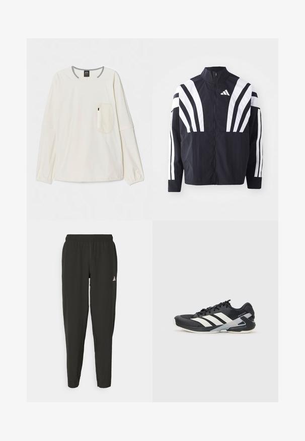Black jacket featuring a high collar, full zip, and bold white diagonal stripes on sleeves. Made from lightweight fabric with a smooth texture.; Long-sleeve shirt in off-white fabric with gray neckline and accent. Features a front chest pocket with a zip closure. Soft texture.; Black athletic pants with an elastic waistband, slim fit, and white logo on the left leg. Smooth, lightweight fabric.; Black athletic shoe with white stripes, mesh upper, rounded toe, and cushioned sole. Features a textured heel and secure lacing system.