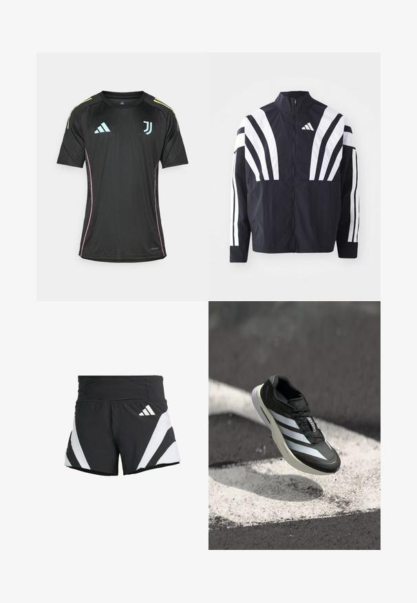 Chaqueta negra con cuello alto, cremallera completa y llamativas franjas diagonales blancas en las mangas. Fabricada en tejido ligero con una textura suave.; Camiseta negra de manga corta con acentos en azul claro, rayas amarillas en los hombros y ribete rosa a lo largo de los costados. Presenta los logos de Adidas y Juventus.; adidas Performance ADIZERO A M - Pantalón corto de deporte - black; Zapato deportivo negro con tres franjas blancas, parte superior texturizada, diseño elegante y suela curvada, posicionado sobre una línea blanca en el asfalto.