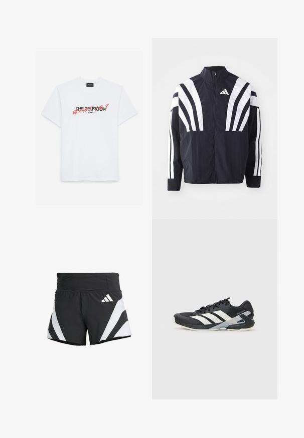Veste noire avec un col montant, fermeture éclair sur toute la longueur et de larges rayures blanches diagonales sur les manches. Fabriquée en tissu léger avec une texture lisse.; T-shirt en coton blanc à manches courtes avec un imprimé graphique noir et corail. Le texte indique : "THE KOOPLES ? QUOI ?" et "PARIS."; adidas Performance ADIZERO A M - Short de sport - black; Chaussure de sport noire avec des rayures blanches, tige en mesh, bout arrondi et semelle rembourrée. Comprend un talon texturé et un système de laçage sécurisé.
