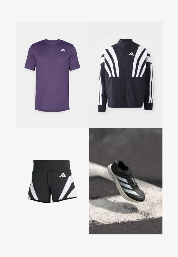 Črna jakna z visokim ovratnikom, popolnim zadrgo in boldnimi belimi diagonalnimi črtami na rokavih. Narejena iz lahkega materiala z gladko teksturo.; Vijolična kratkoletena športna majica iz lahkega materiala, z okroglo izrezom in belim logotipom na zgornji levi strani.; adidas Performance ADIZERO A M - Športne kratke hlače - black; Črne športne čevlje z značilnimi tremi belimi črtami, z navpičnim zgornjim delom, elegantnim dizajnom in ukrivljenim podplatom, postavljeni nad belo črto na asfaltu.
