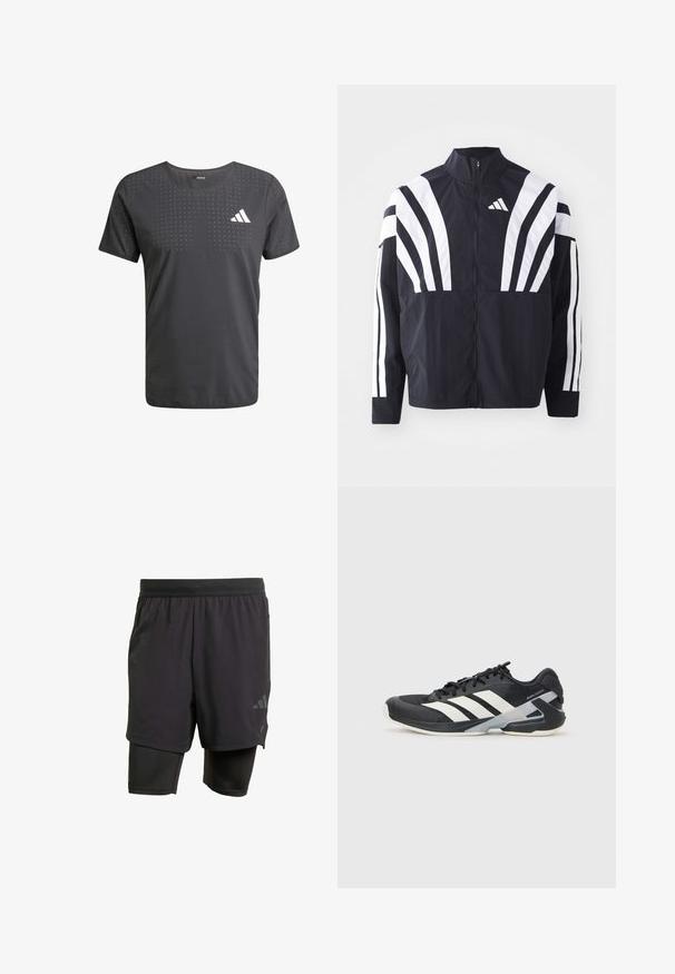 Fekete dzseki magas gallérral, teljes cipzárral és merész, fehér, átlós csíkokkal az ujjakon. Könnyű anyagból készült, sima tapintással.; Férfi fekete sportpóló kerek nyakkal, perforált mintával és fehér logóval a bal mellrészen. Könnyű anyagból készült.; Fekete sportnadrág beépített belső résszel, lélegző anyagból készült. Diszkrét logóval és struktúrált textúrával rendelkezik. Állítható derékpánt.; Fekete sportcipő fehér csíkokkal, hálós felsőrész, kerek orr és párnázott talp. Texturált sarokkal és biztonságos fűzőrendszerrel rendelkezik.