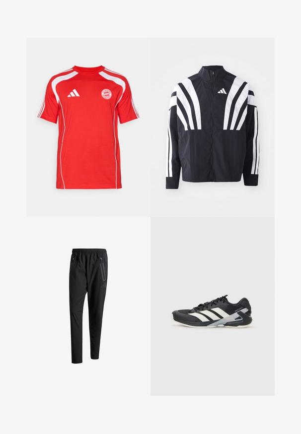 Casaco preto com colarinho alto, fecho completo e listras diagonais brancas em bold nas mangas. Feito de um tecido leve com uma textura suave.; Camisola curta vermelha feita de tecido leve, com detalhes brancos, gola redonda e o logotipo do FC Bayern München na frente.; Calças de treino pretas com uma cintura elástica, dois bolsos laterais com fecho, pernas ajustadas e um discreto detalhe de logotipo no quadril.; Sapata atlética preta com riscas brancas, parte superior em malha, biqueira arredondada e sola acolchoada. Apresenta um calcanhar texturizado e um sistema de atacadores seguro.