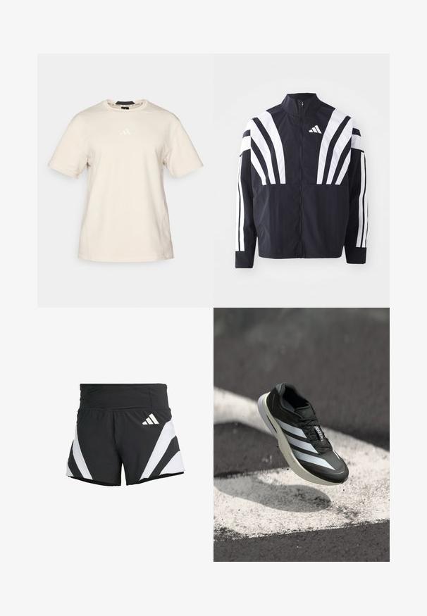 Svart jakke med høy krage, hel glidelås og markante hvite skråstriper på ermene. Laget av lett stoff med en glatt tekstur.; Beige bomull T-skjorte med korte ermer, rund hals og en subtil hvit Adidas-logo på brystet. Glatt tekstur med minimale sømmer.; adidas Performance ADIZERO A M - Sports shorts - black; Svart atletisk sko med tre hvite striper, teksturert overdel, slank design og buet såle, plassert over en hvit linje på asfalt.
