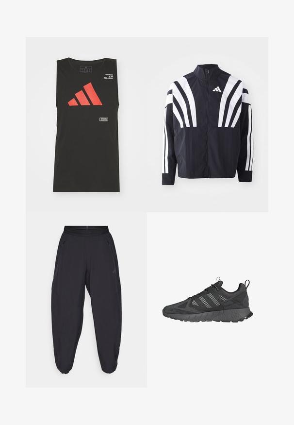 Čierna bunda s vysokým golierom, plným zipsom a výraznými bielymi diagonálnymi pruhmi na rukávoch. Vyrobená z ľahkého materiálu s hladkou textúrou.; adidas Performance ALL GYM CATEGORY GRAPHIC - Top - black; Čierne športové nohavice s elastickým pásom, zapínateľnými bočnými vreckami, zužujúcimi sa nohavicami a jemným logom na pravej stehne.; Čierne atletické topánky s hornou časťou z mäkkého a sieťovaného materiálu, textúrovanou gumovou podrážkou, polstrovaným golierom a charakteristickým trikrát pruhovaným dizajnom v sivej farbe.