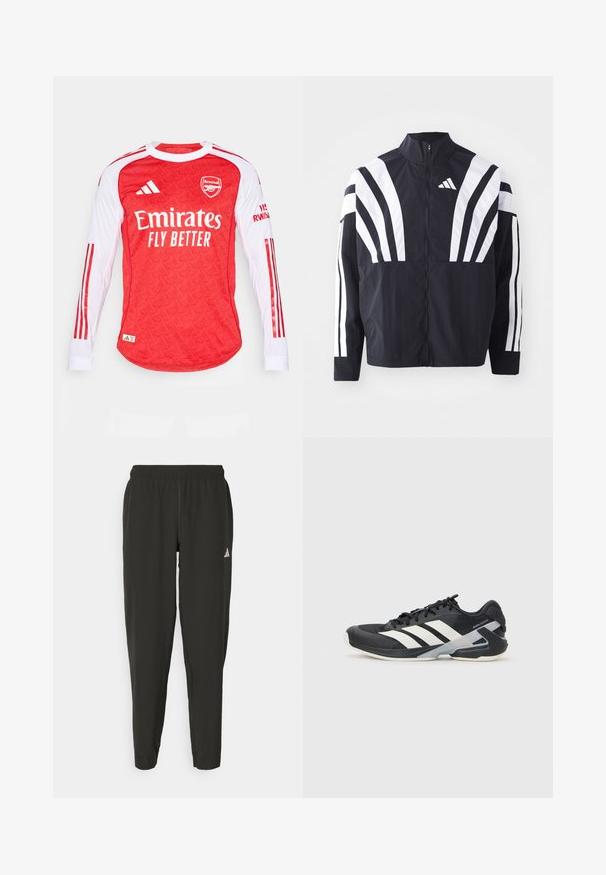 Fekete dzseki magas gallérral, teljes cipzárral és merész, fehér, átlós csíkokkal az ujjakon. Könnyű anyagból készült, sima tapintással.; Piros, hosszú ujjú mez mintás textúrával, fehér ujjak és piros csíkok. Az Arsenal logója és az "Emirates Fly Better" szöveg található rajta.; Fekete sportnadrág rugalmas derékrésszel, vékony szabással és fehér logóval a bal lábszáron. Sima, könnyű anyag.; Fekete sportcipő fehér csíkokkal, hálós felsőrész, kerek orr és párnázott talp. Texturált sarokkal és biztonságos fűzőrendszerrel rendelkezik.