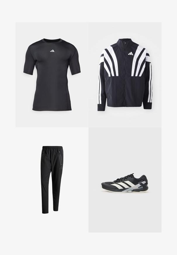 Mustat takki, jossa on korkea kaulus, täysivetoketju ja erittäin näkyvät valkoiset vinoraidat hihoissa. Valmistettu keveästä kankaasta, jolla on sileä rakenne.; Musta urheilu lyhythihainen paita, joka on valmistettu sileästä ja joustavasta kankaasta. Siinä on valkoinen logo rinnassa ja litteät saumat mukavuutta varten.; Mustat urheiluhousut, joissa on joustava vyötärö, kaksi vetoketjullista sivutaskua, kapenevat lahkeet ja hillitty logokuvaus lonkalla.; Mustat urheilukengät valkoisilla raidoilla, verkkomateriaalia ylhäällä, pyöristetty kärki ja pehmustettu pohja. Varustettu teksturoidulla kantapäällä ja turvallisella nauhoitusjärjestelmällä.
